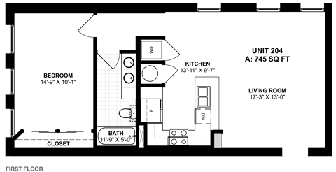 Floor plan for 1 bed, 1 bath, 745 sqft